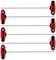 Six red and black T-handle hex keys in various sizes, evenly arranged on a white background.
