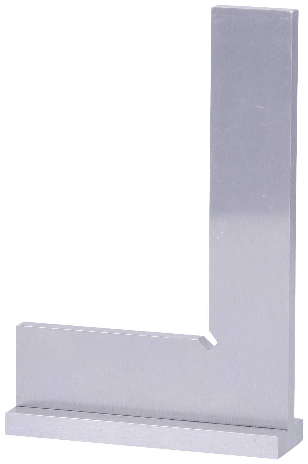 A metal L-shaped precision angle gauge, standing, for measuring and checking angles in technical applications.