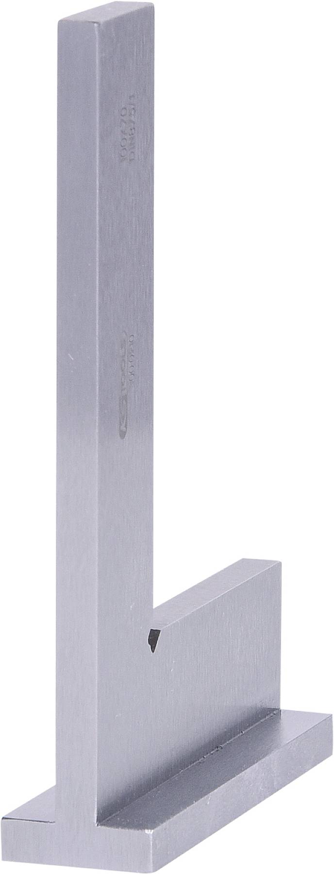 A metal angle square with a long and a short side, L-shaped, for checking right angles in craft or technical applications.