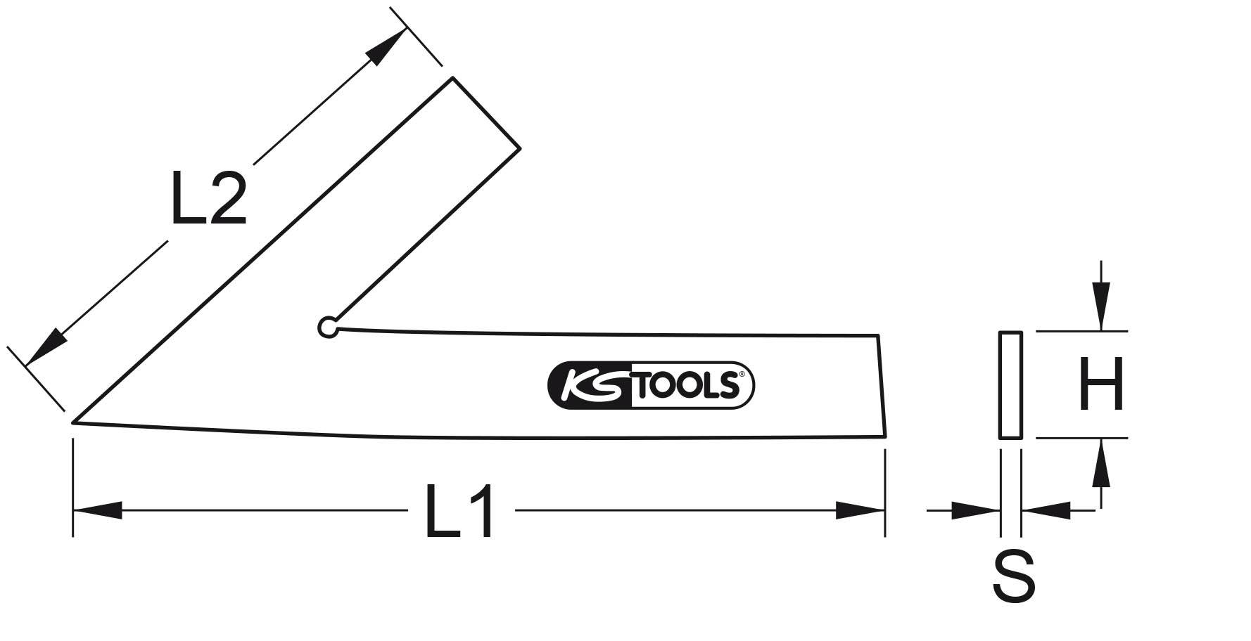 Figure of an angle with the dimensions L1, L2, H and S, shown in a technical diagram. KS Tools brand logo.