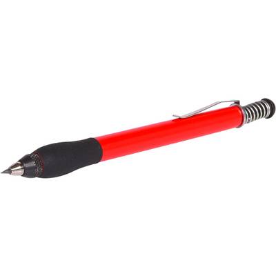 A red ballpoint pen with a black grip and metal clip lies at an angle on a white background.