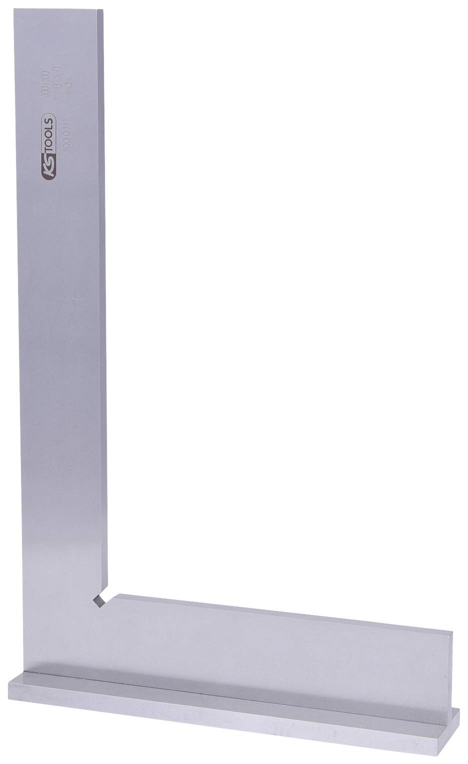 A silver steel set square with a right-angled shape, used for measuring and checking precise angles.