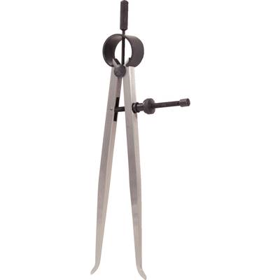 A metal compass, standing upright, with two pointed legs and a screw mechanism for adjusting the opening width.