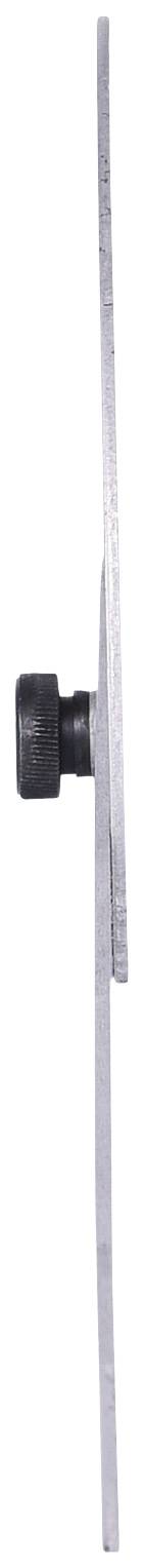 A metal strip with a black button in the centre, which presumably serves as a fastening device. Side view.