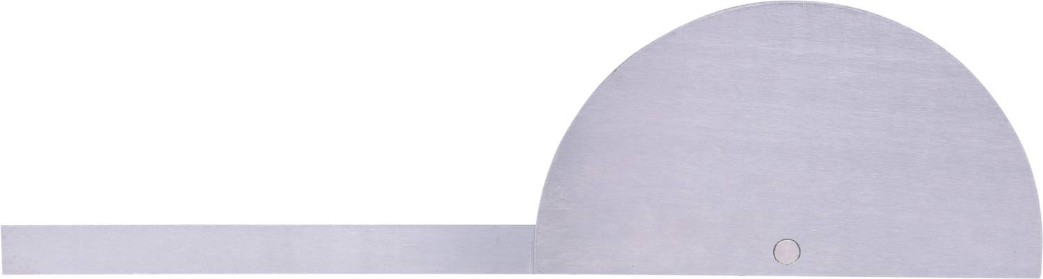 A silver-coloured metal protractor with a semicircular head, used for measuring angles.