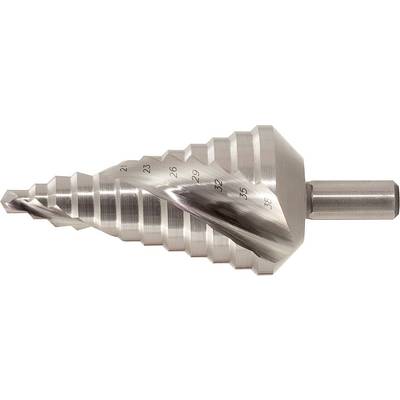Step drill bit with multiple drill diameters between 4 mm and 36 mm, suitable for drilling stepped holes in metal.