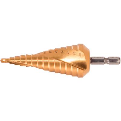 Metal step drill bit with gold coating, suitable for drilling various hole sizes from 4 to 30 mm, with numerical markings on the surface.
