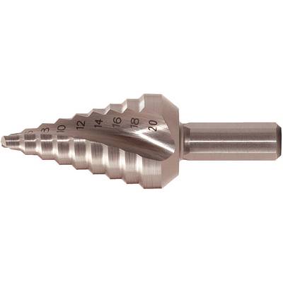 Metal stepped drill bit with progressively increasing diameters from 4 to 20 mm, used for drilling holes in metal.