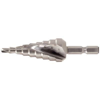 A stepped drill with multiple diameter stages from 4 to 20 mm, used for drilling various hole sizes in metal.