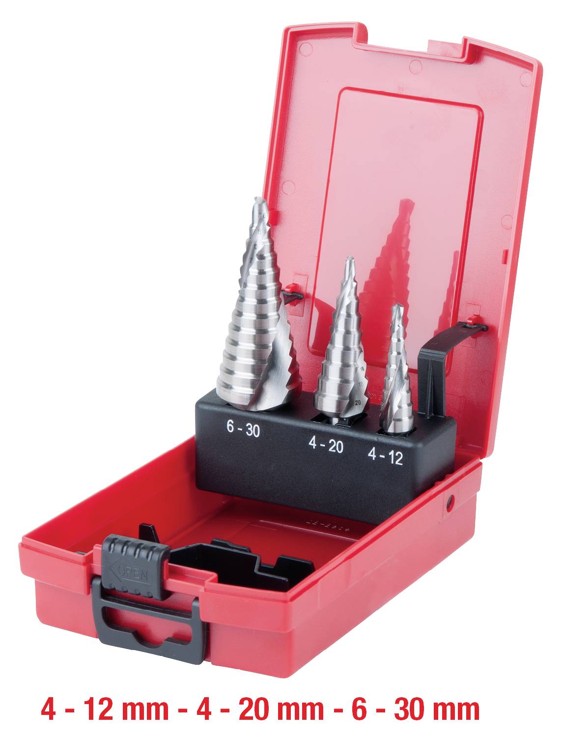 Three step drill bits made of steel in an open red plastic box. Sizes: 4-12 mm, 4-20 mm, 6-30 mm.