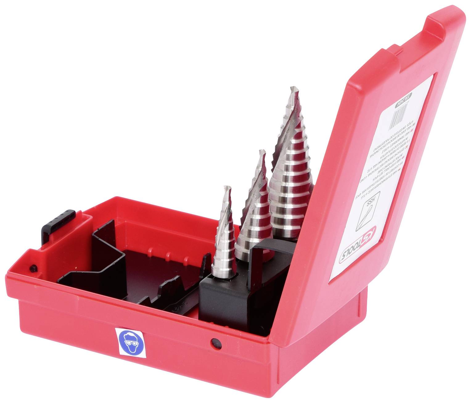 Red case with three tapered drill bits.