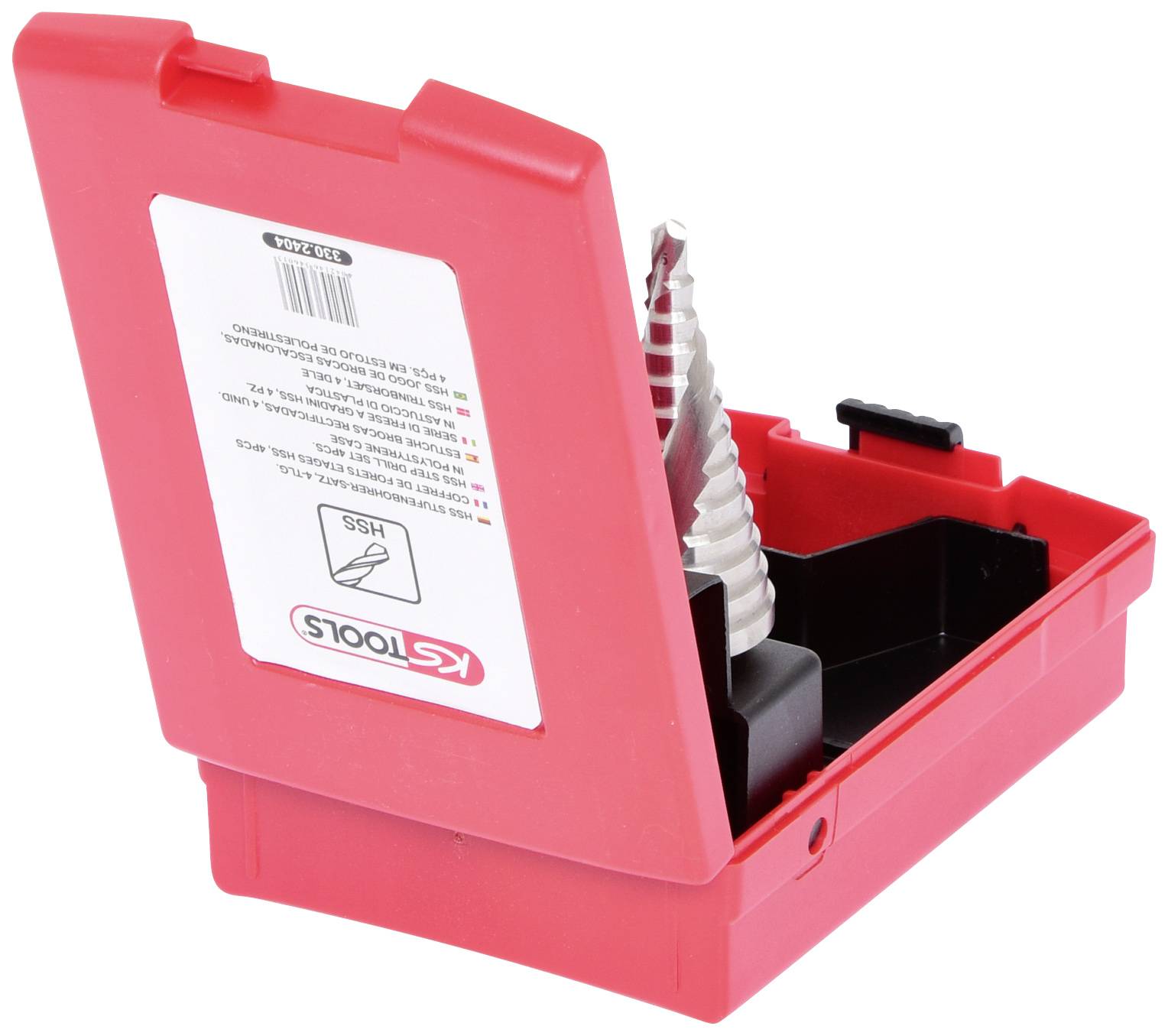 Red plastic box with a conical drill bit resting in a holder. Label with information on the inside of the lid.