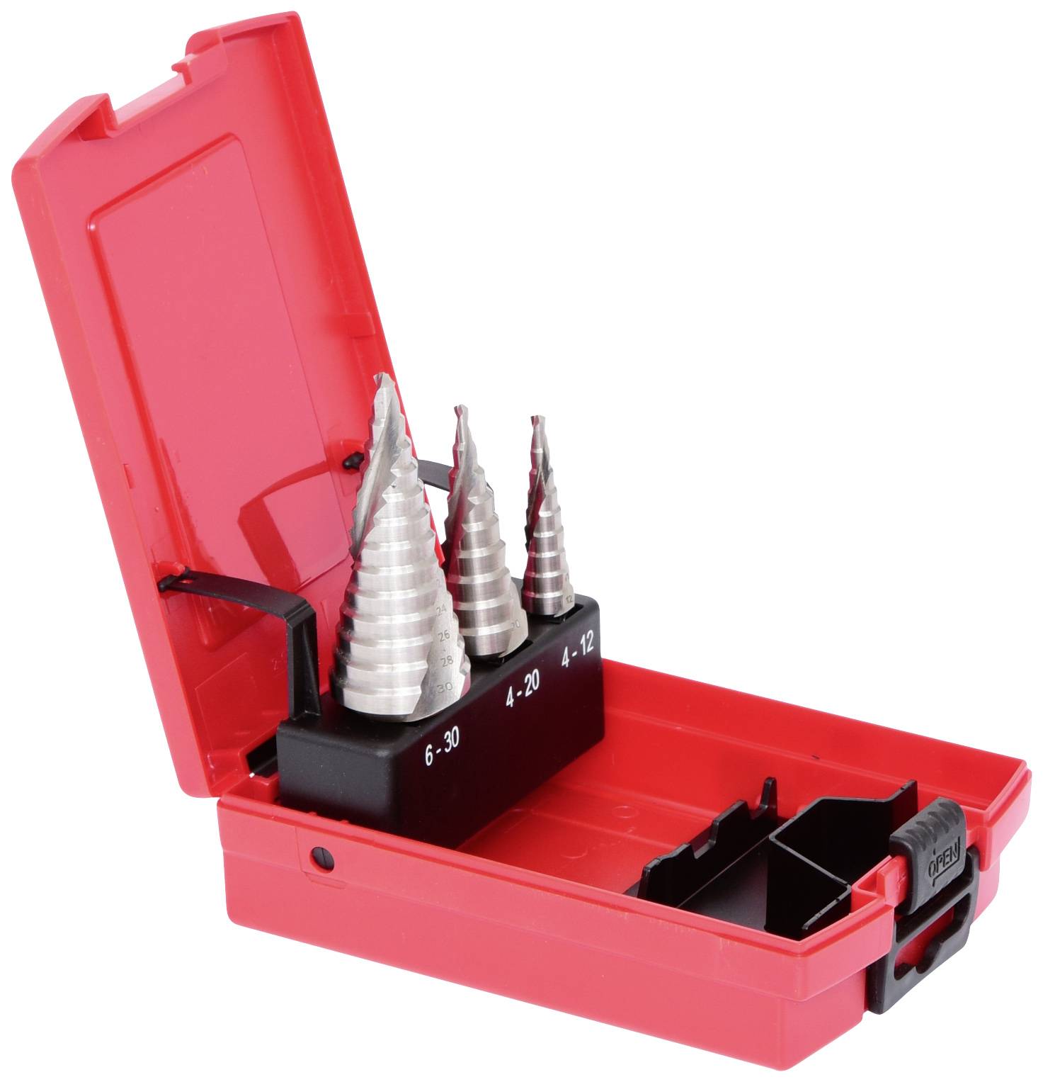 Red plastic case with three metallic stepped drill bits, labelled with sizes '4-12', '4-20', '6-30'. Ideal for various drill diameters.