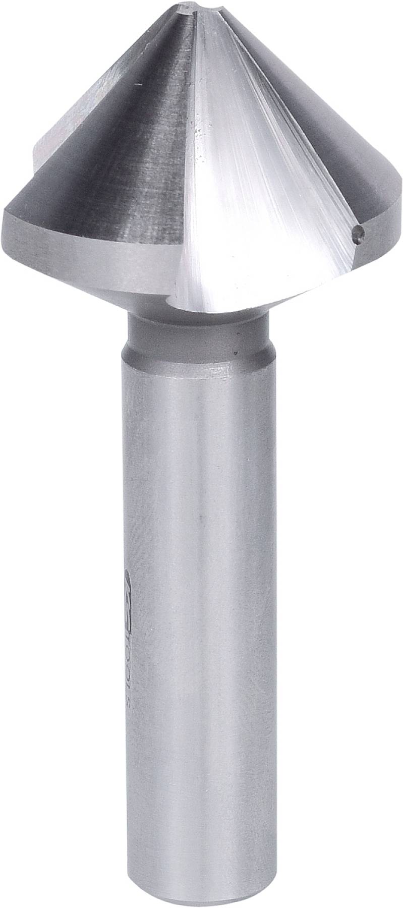 A metal countersink drill bit with a shiny point and a plain handle, used for deburring and countersinking screws.