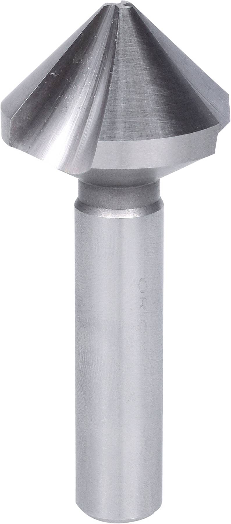 Metal drill bit with a tapered head, suitable for countersinking holes or removing burrs.