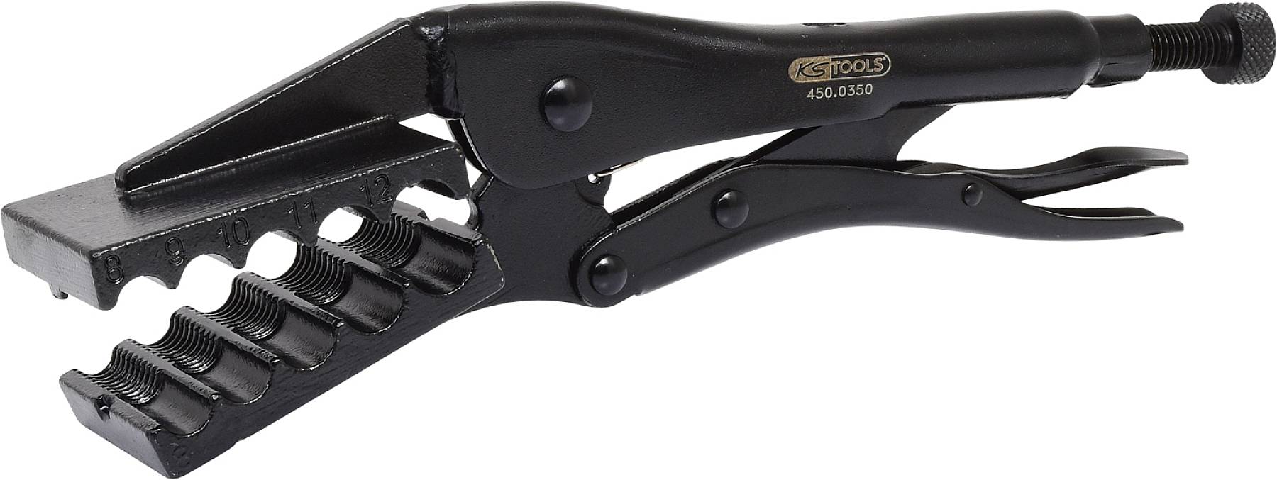 Black locking pliers with a ribbed gripping block and two handles that can be adjusted by a screw at the end.