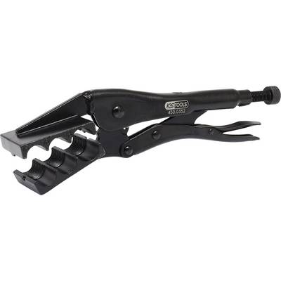 Black metal exhaust pipe pliers with ribbed jaw area and screw mechanism, used for exhaust work.