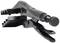 A black metal screw clamp with a lever and wave gripper, used for firmly holding or compressing materials.