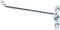 Metal hook with a curved end and flat mounting piece, suitable for wall mounting. Ideal for hanging items.