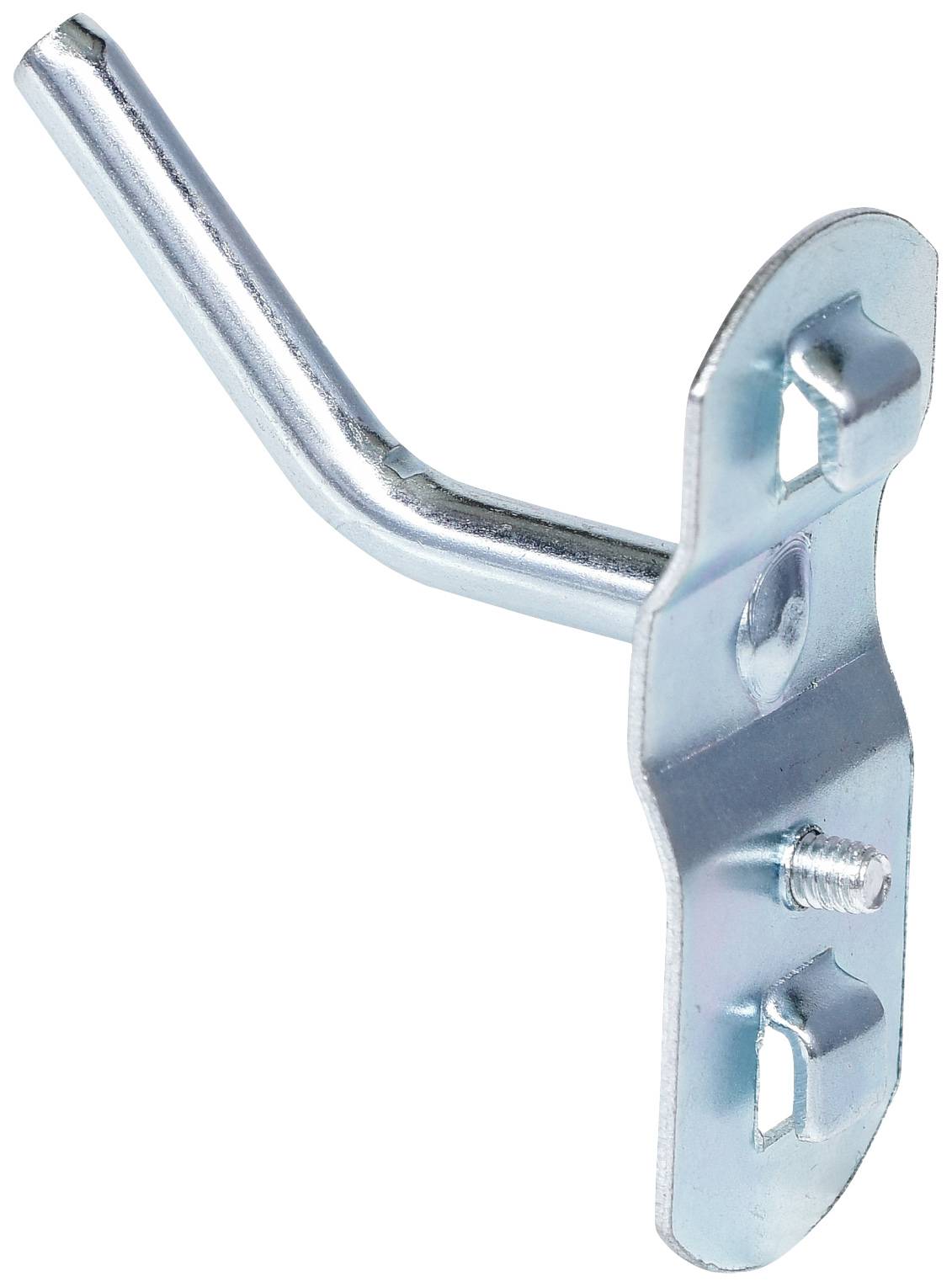 Metal hook with two screw holes for wall mounting, suitable for hanging objects.