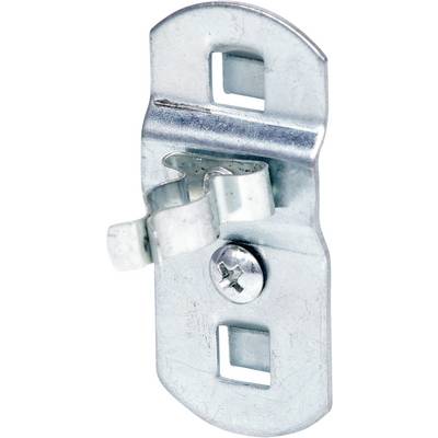Metal fastener with screw mounting and two rectangular holes, suitable for furniture or equipment connections.