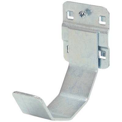 Metal hook with screw hole for wall mounting, suitable for securing cables or pipes, light grey coated.