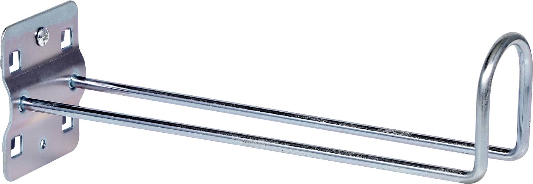 Metal hook bracket with two parallel bars, suitable for wall mounting. Ideal for storing tools or accessories.