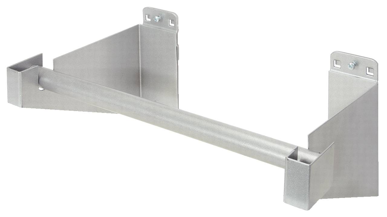 Metal bracket with rectangular base and mounted crossbar, suitable for wall mounting, two screw holes at the top.