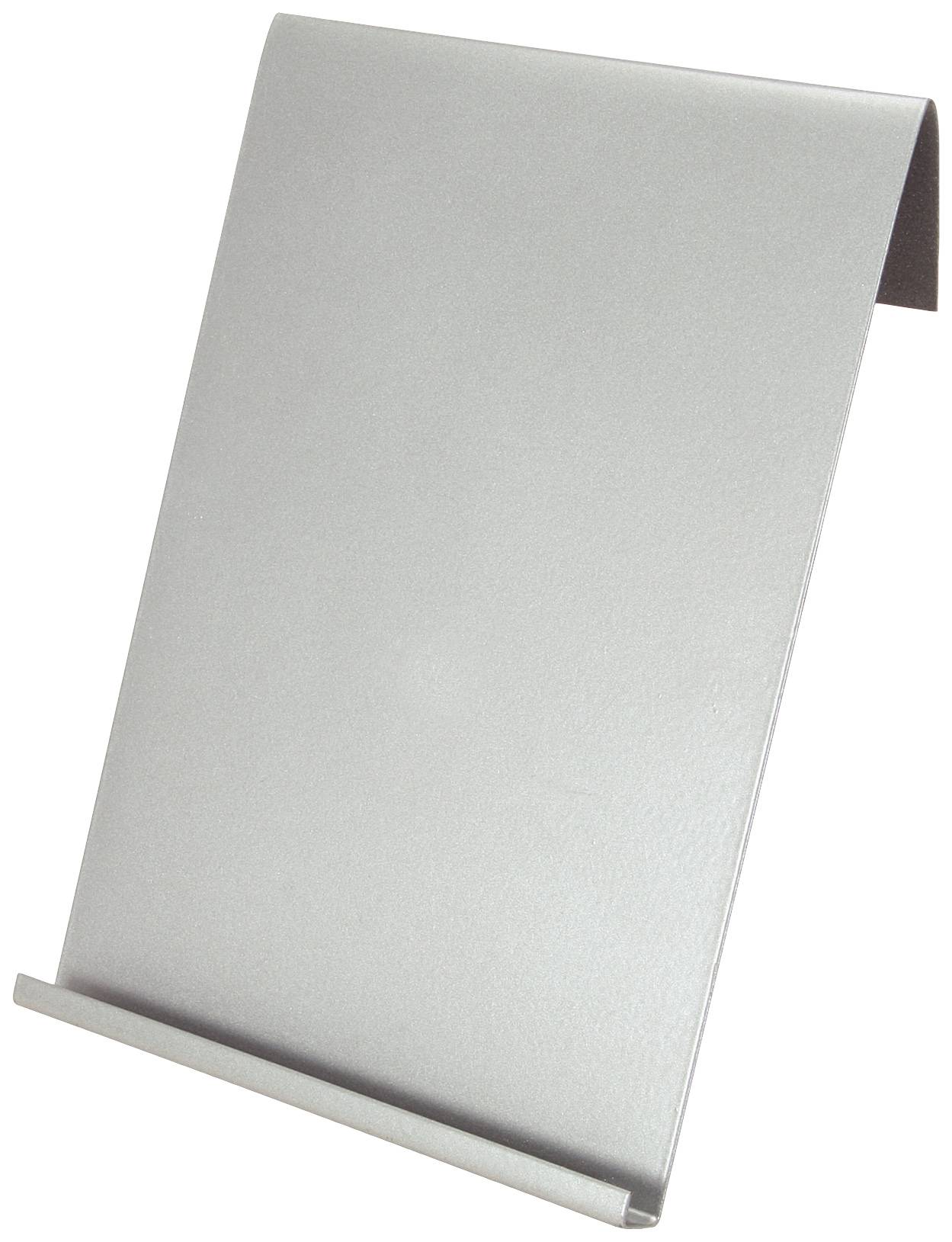 A silver metal stand, angled to hold a device or document.