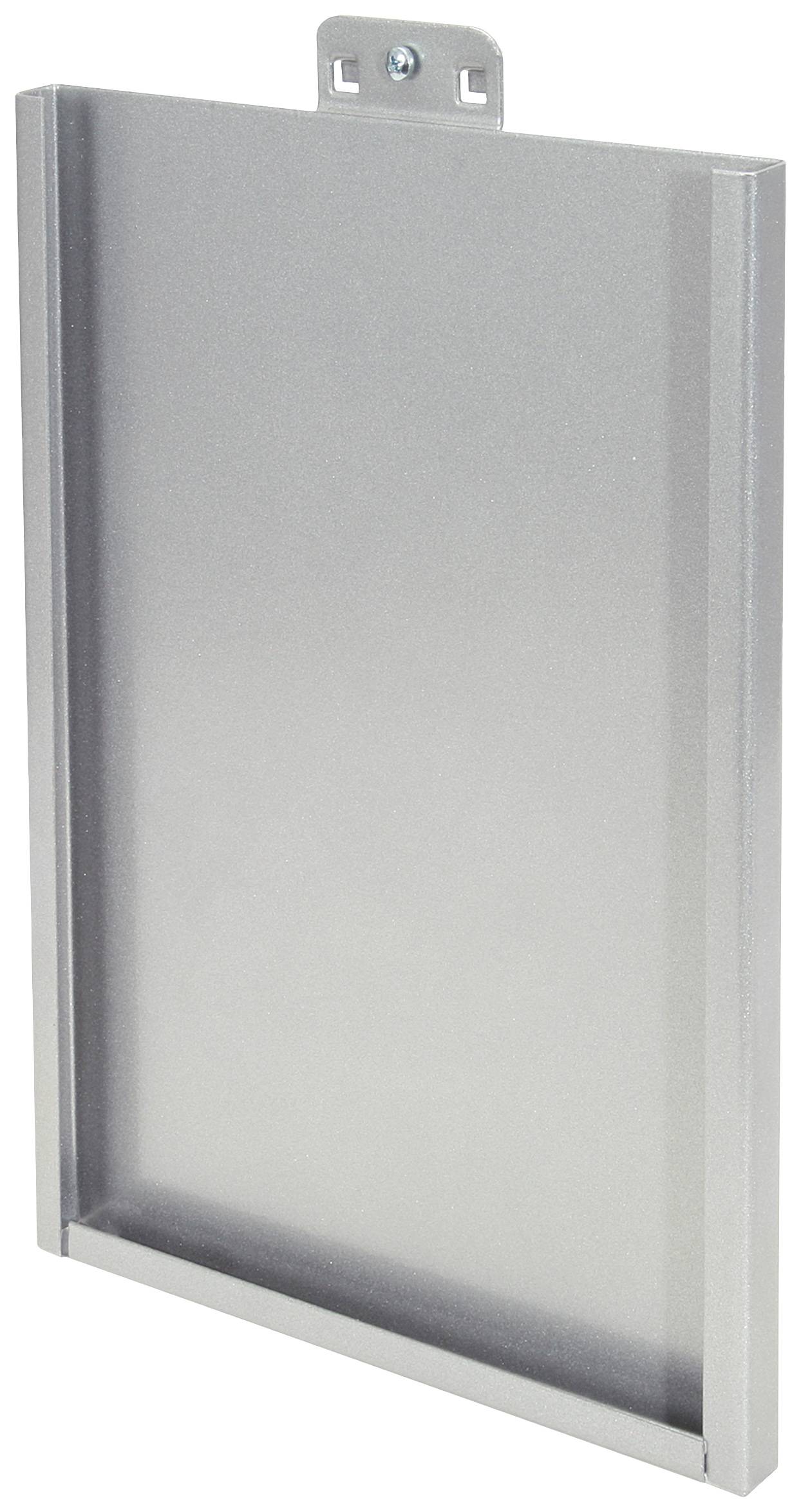 Metallic wall-mounted dispenser with an open front for inserting brochures or leaflets.