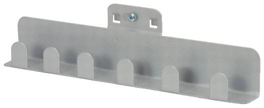 Metal rail with six hooks for wall mounting, suitable for organising and storing tools or other items.