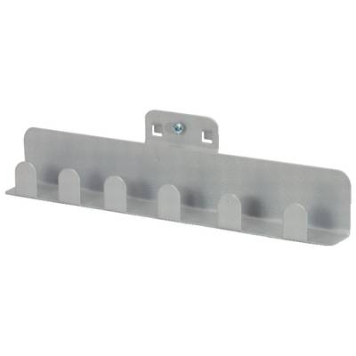 Metal rail with six hooks for wall mounting, suitable for organising and storing tools or other items.