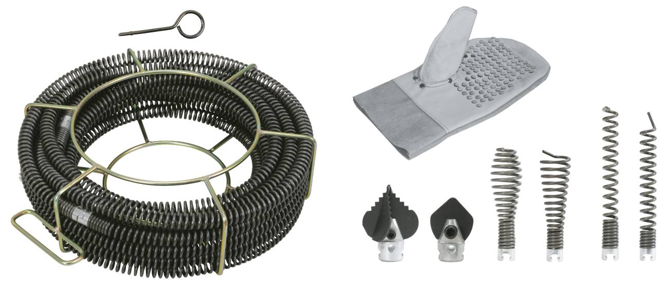 Drain Cleaning Set with Spiral Spring, Various Drill Heads and a Glove. Suitable for Clearing Blockages.