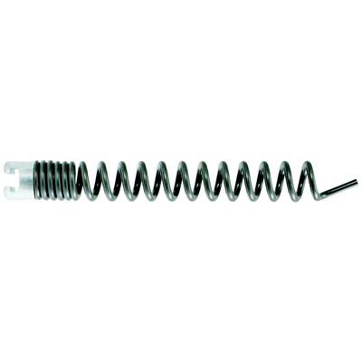 A long, metallic helical spring with uniform spacing, with differently shaped ends.