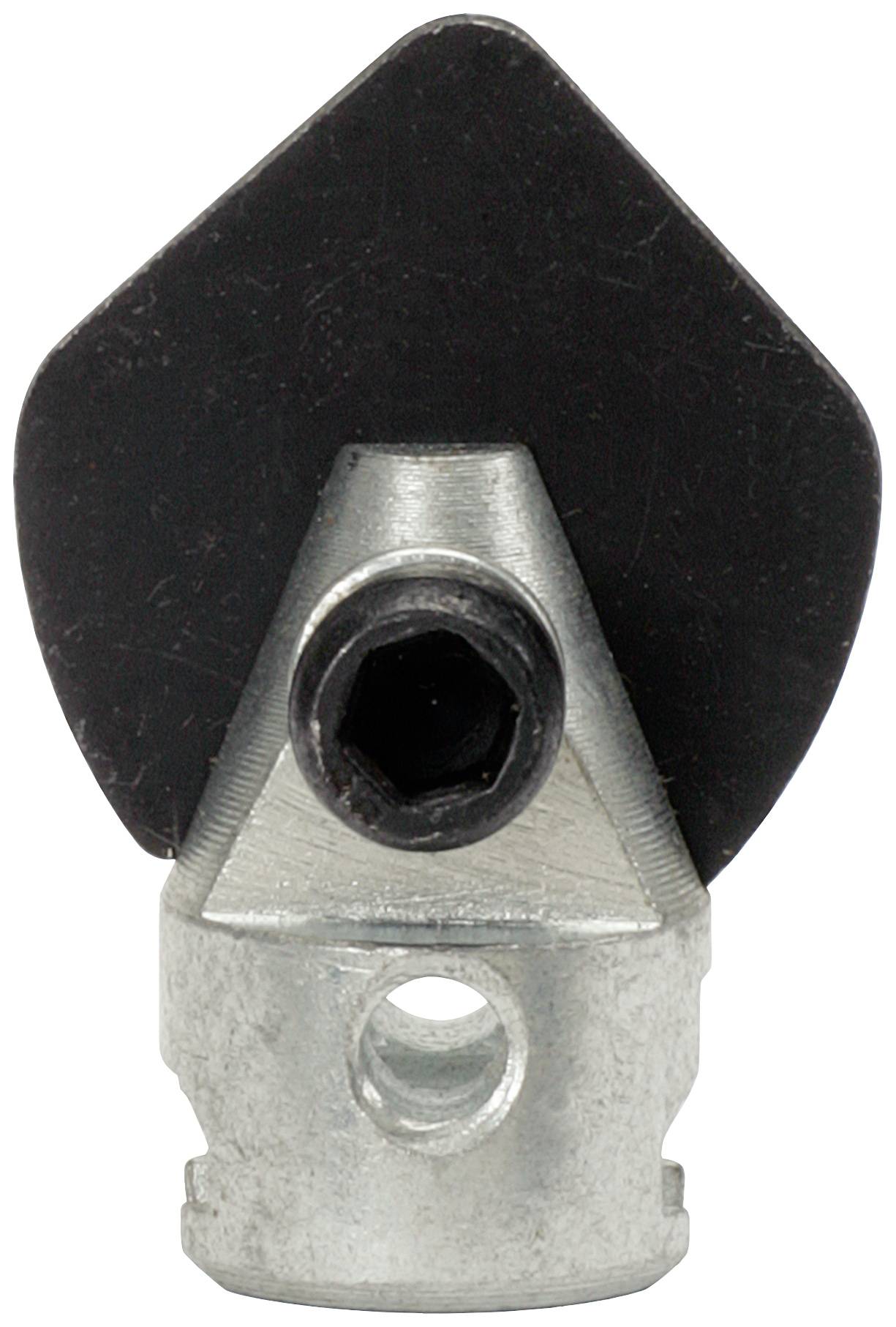 A metallic tool with a triangular black tip in the centre, surrounded by a silver casing.