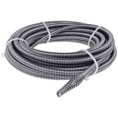 A coiled flexible metal conduit, secured with bright bands, against a white background. Suitable for cable protection.