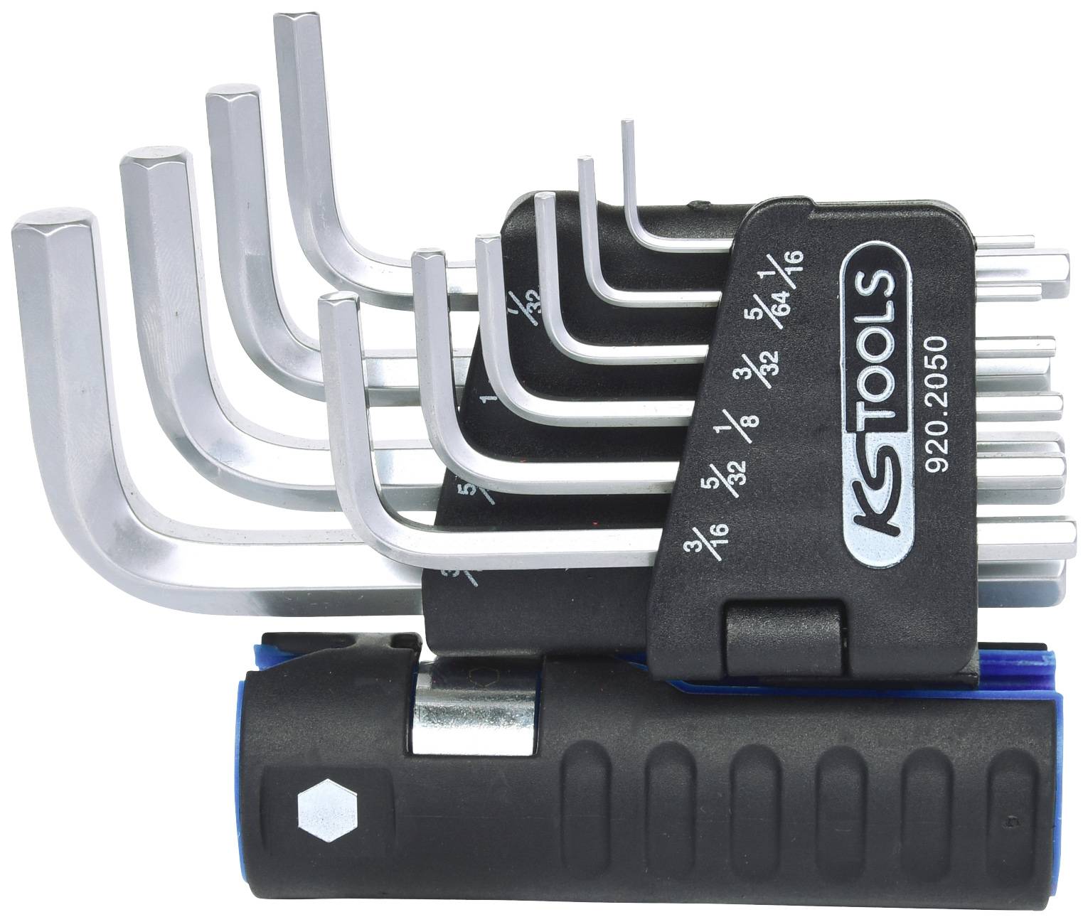 'Set of L-shaped hex keys made of metal in a black holder by KS Tools. Key sizes are marked on the holder.'
