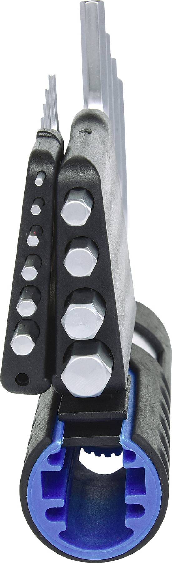 A set of Allen keys in various sizes with a handle integrated into a blue holder.