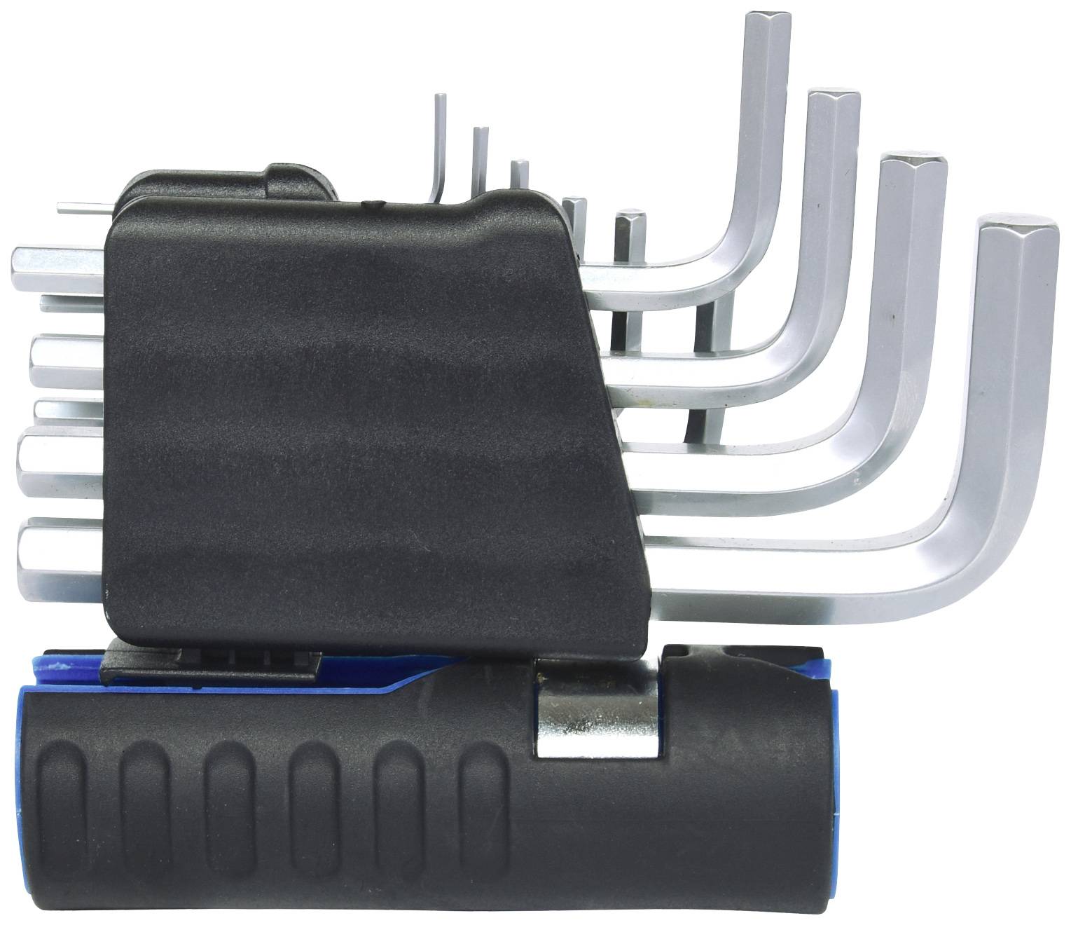 A set of eight Allen keys in different sizes on a black holder.