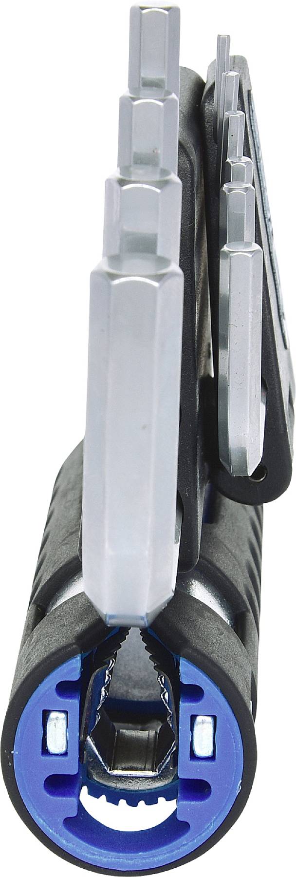 Multi-tool with various hexagonal Allen keys arranged in a compact, foldable housing.