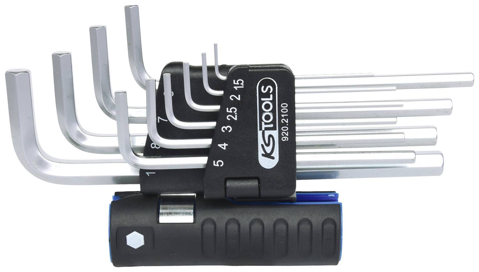 A set of eight silver Allen keys in various sizes, secured in a black holder with the inscription 'KS Tools'.