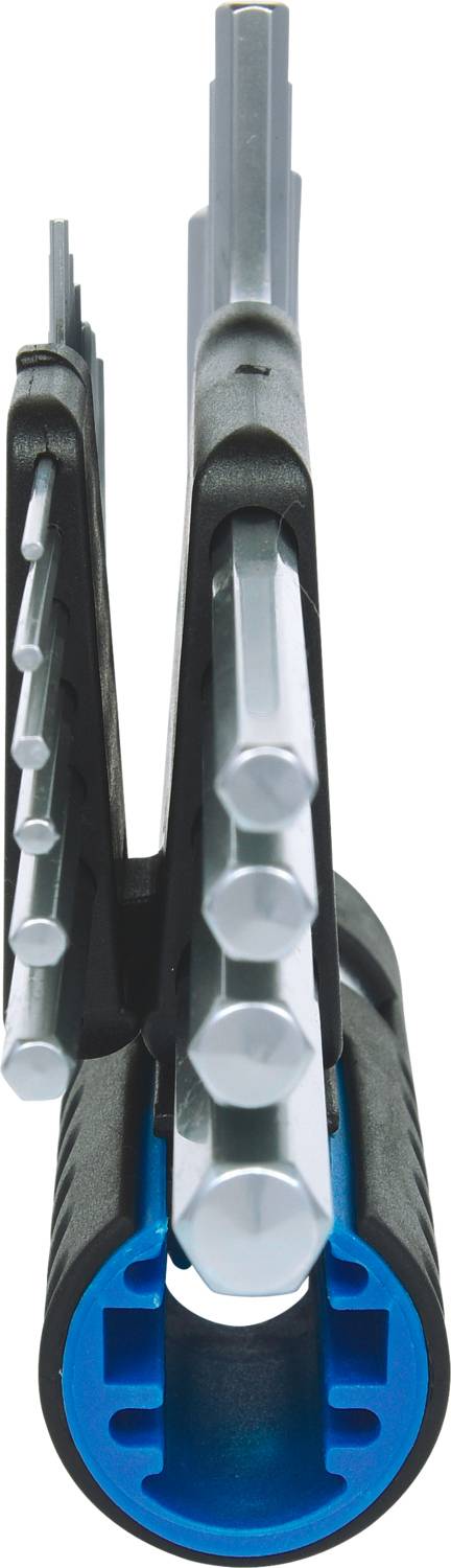 Metallic hexagonal Allen keys of various sizes arranged in a blue and black holder, photographed from a bird's-eye view.