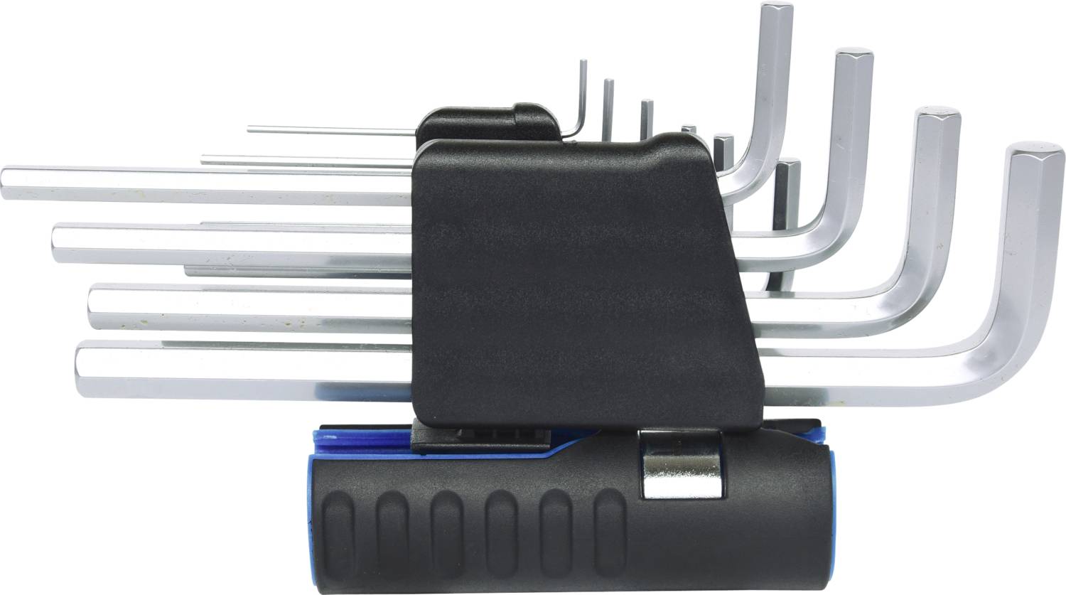 A set of Allen keys in various sizes, organised in a black holder with a blue handle.