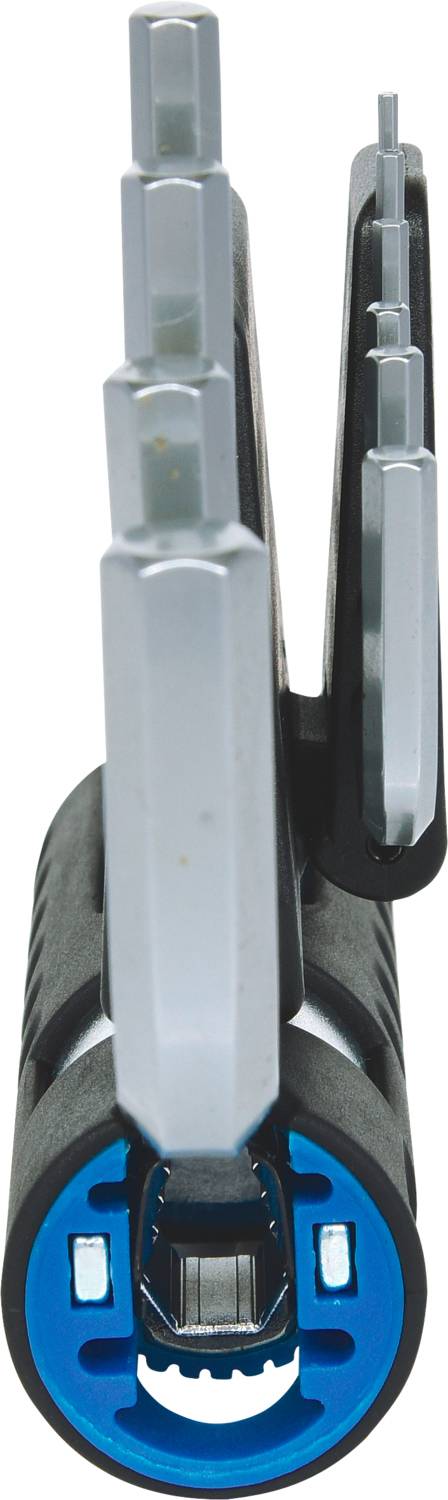 Four silver hexagonal allen keys of different sizes in a black and blue holder.