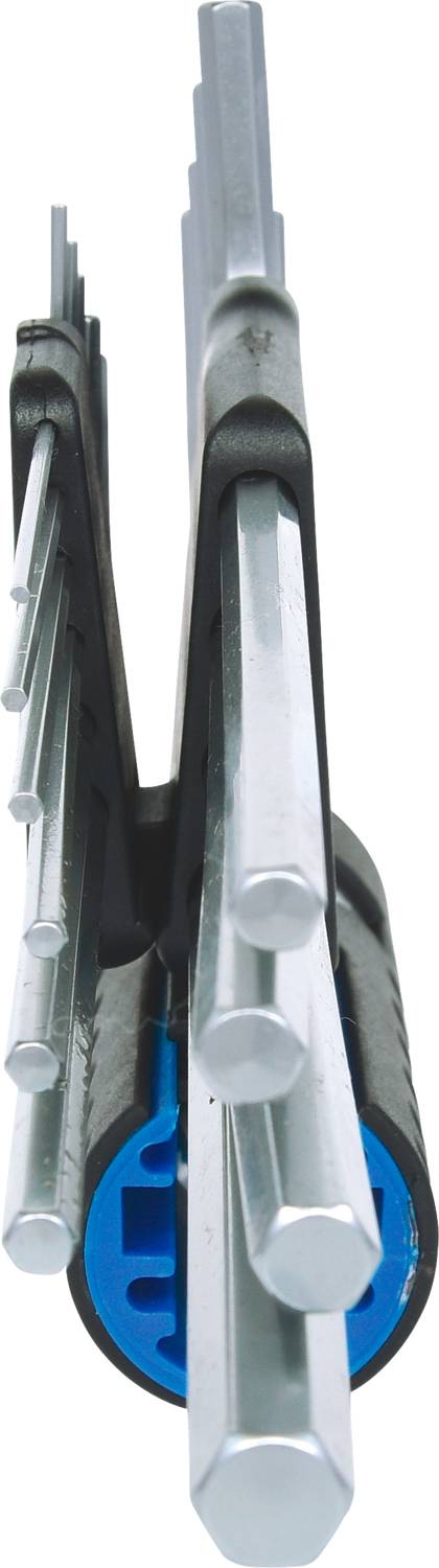 A six-piece set of Allen keys with a blue handle, with the keys sorted in various sizes.