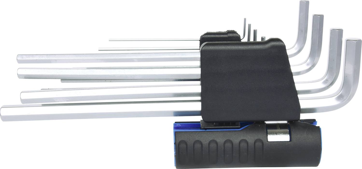 A set of Allen keys in various sizes, arranged in a black holder with a blue accent, lying on a white background.