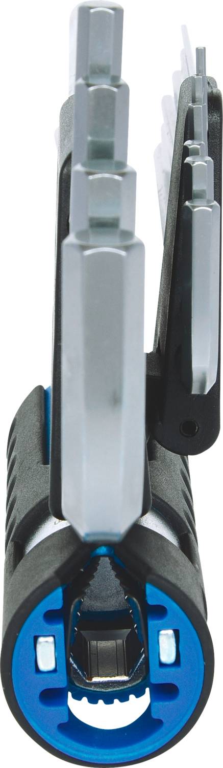 A set of Allen keys in a holder, shown from a front view. The keys are arranged in graduated sizes.