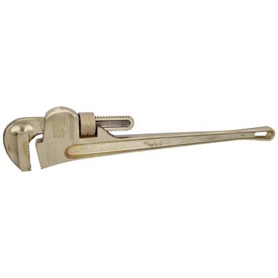A adjustable metal pipe wrench with serrated edges for better grip, positioned sideways. Used for plumbing work.