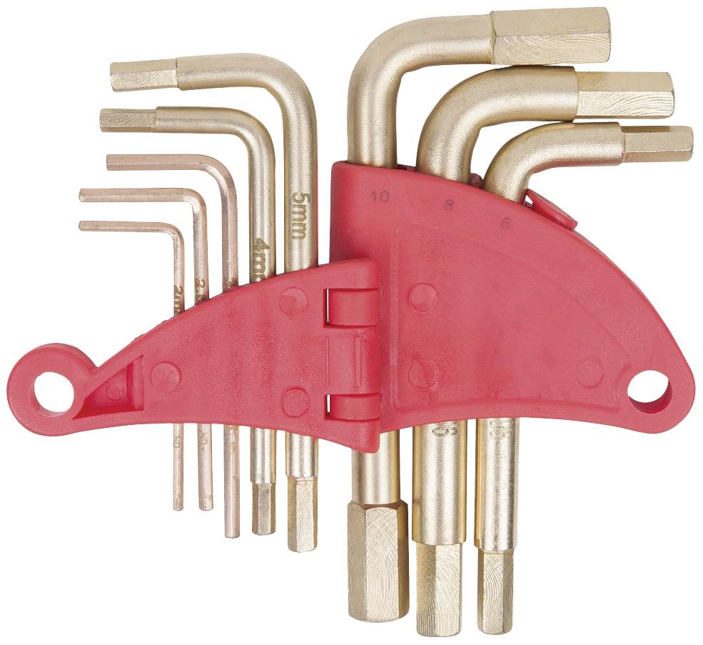 A set of hexagonal Allen keys in various sizes, arranged in a red plastic holder.