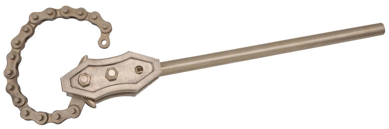 Metal key with circular chain for gripping or turning pipes or round objects, similar to a pipe wrench.